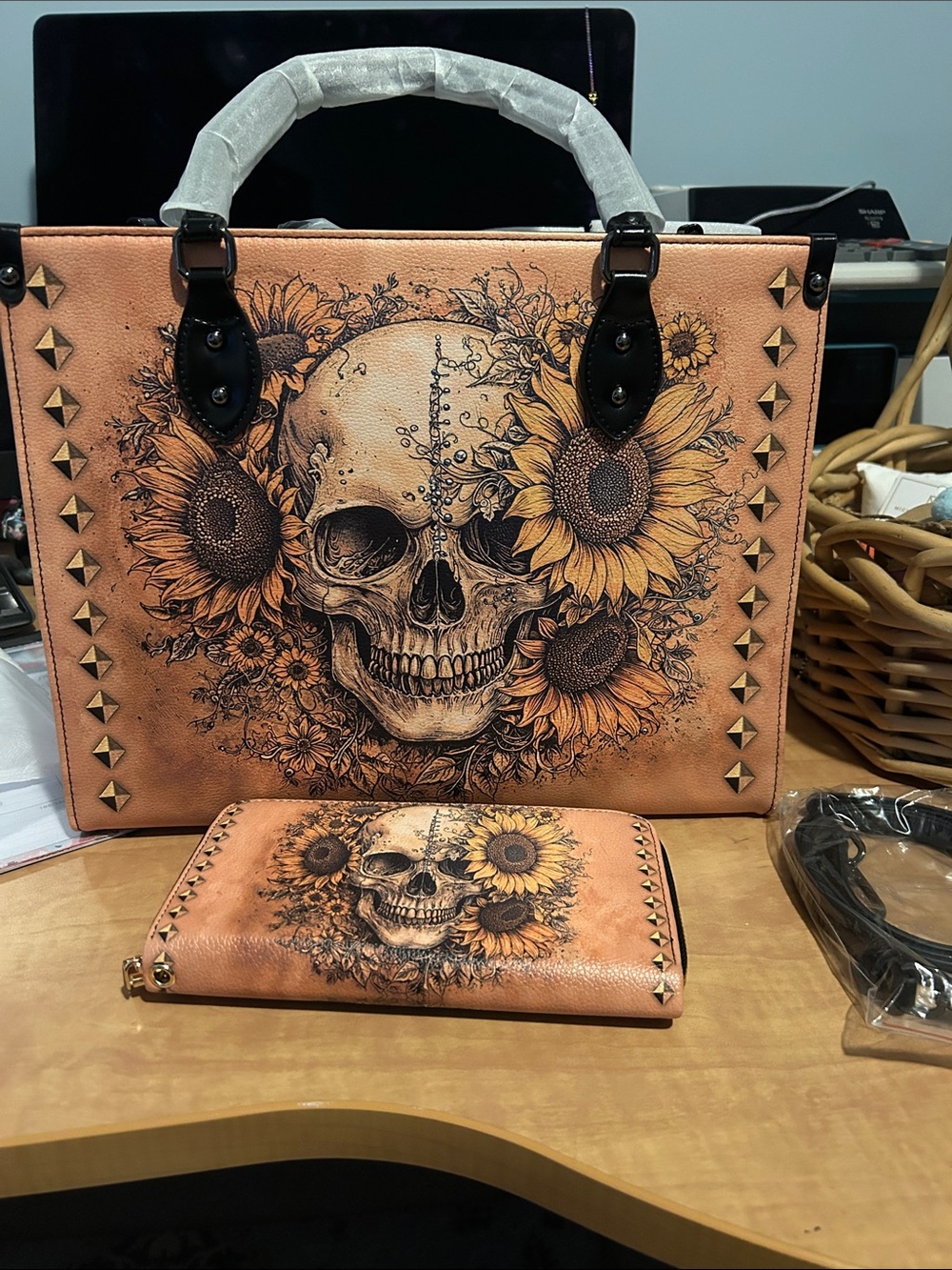 Skull & Sunflower Print Peach Crossbody Tote with Matching Wallet